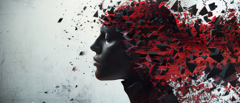 Profile of a person with red and black geometric shapes exploding from their head, creating a dramatic artwork.