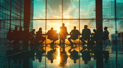 A group of professionals having a meeting in a modern conference room with large windows and a sunset view.