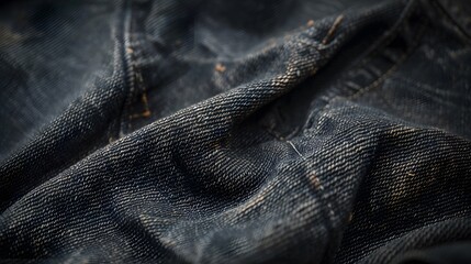 Denim fabric, highlighting the texture and quality of jeans. The focus is on one section that there were small folds in which dirt has mixed with threads, symbolizing its use over time.