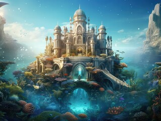 Obraz premium A magnificent underwater palace surrounded by vibrant aquatic life and colorful corals, bathed in enchanting blue light.