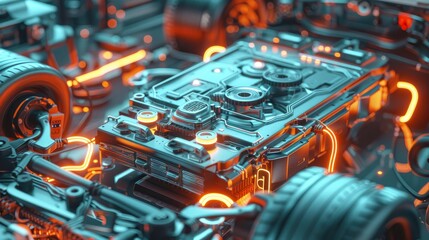 Modern electric vehicle battery with advanced thermal management system illustrated in detail