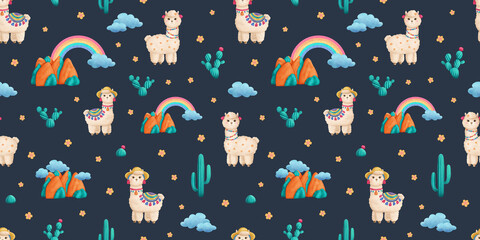 Seamless pattern with lamas, cacti, clouds, rainbow, mountains and flowers on a dark background © Olena