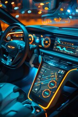 EV car interior with advanced digital dashboard, Electric Energy, Hightech features and userfriendly interface