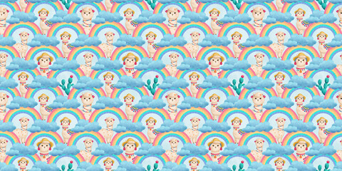 Seamless pattern with lamas, rainbows and clouds on a blue sky background