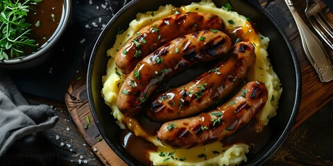 Traditional British dish sausages mashed potatoes and onion gravy. Concept Sausages, Mashed Potatoes, Onion Gravy, British Cuisine, Comfort Food