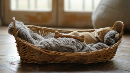 Obraz premium Dog bed basket empty except for one dog bone symbolizing missing dog