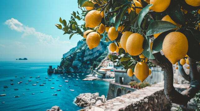 Bright ripe lemons on the tree on the background of the Mediterranean city, sea coast surrounded by green mountains.