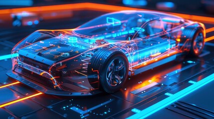 Fototapeta premium Artistic visualization of an electric vehicle battery pack with holographic interface elements