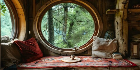 Vintage hobbitstyle interior in forest hut with round window fairy tale vibe. Concept Forest Hut Decor, Vintage Interior, Hobbit Style, Round Window, Fairy Tale Vibes