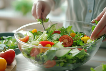 A woman is holding a salad bowl with a variety of vegetables including tomatoes.