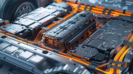 Naklejka premium Realistic 3D illustration of an electric vehicle battery pack with detailed cell structure and wiring