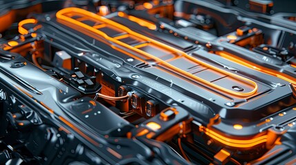 Realistic 3D illustration of an electric vehicle battery pack with detailed cell structure and wiring