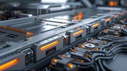 Close-up rendering of an electric vehicle battery terminal and high-tech connectors