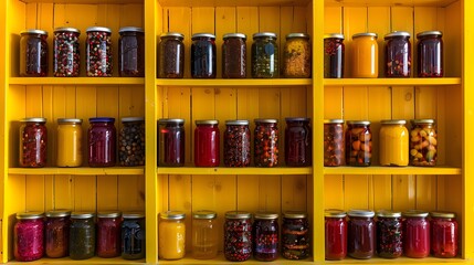A delightful collection of transparent jars filled with an array of homemade jams, jellies, and pickles, set against a cheerful yellow shelving unit. a visually inviting and tasteful display.