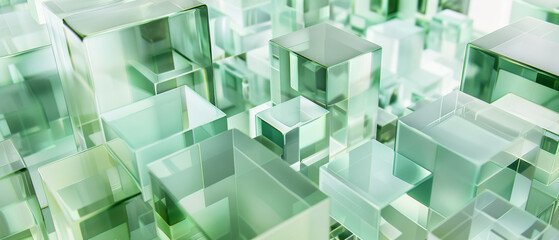 Obraz premium A mesmerizing array of green-tinted glass cubes creates a modern, abstract, and crystalline cityscape, full of geometric perfection and reflective surfaces.