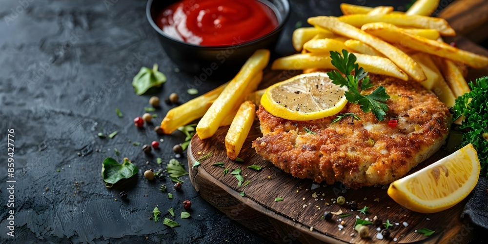 Wall mural Uruguayan Milanesa with Fries and Lemon on Wooden Board. Concept Food Photography, Uruguayan Cuisine, Crispy Milanesa, Side Dishes, Wooden Presentation Board - Wall murals