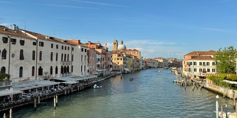 Landscape of the Grand Canal with buildings and boats in Venice, Italy