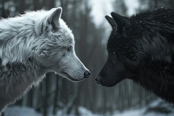 Two black and white wolves standing opposite each other in a natural setting
