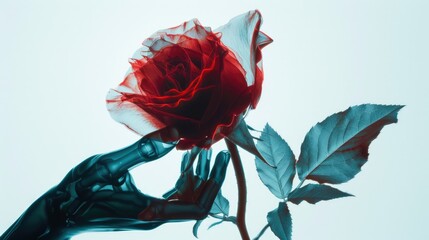 A person is holding a red rose in their hand