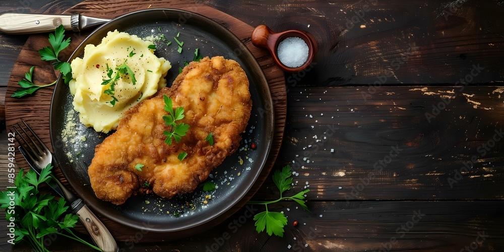 Wall mural Delicious Milanesa Fried Meat Cutlet with Mashed Potatoes or Sandwich. Concept Milanesa Recipes, Fried Meat Cutlet, Mashed Potatoes, Sandwich Ideas - Wall murals