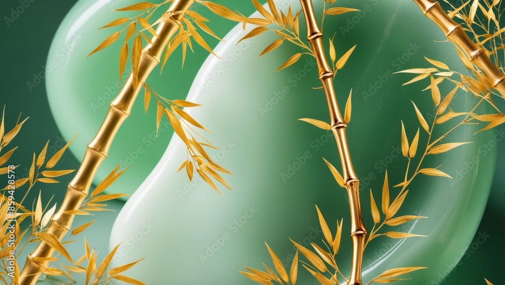 Canvas Prints A close-up image of golden bamboo branches against a green and white background