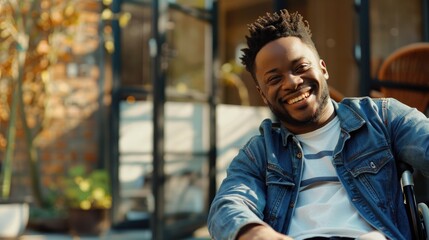A person with disability is happy and smiling while sitting in his wheelchair, can be used for awareness campaigns or as a stock photo for representing people with disabilities