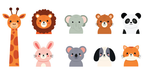 group of Cute animal faces,Giraffe,lion,elephant,bear, koala,cat,dog,rabbit,panda,Designs for newborn,baby or children's textile,fabric, children's clothing, wrapping paper,baby diapers, flat Vector