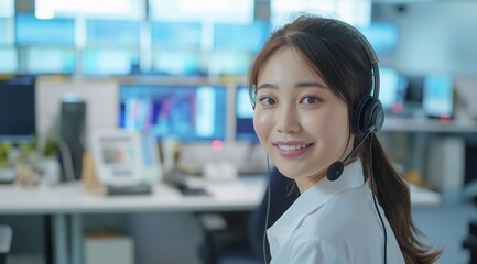 Obraz premium Chinese female customer service worker wearing white and headphones is smiling at the camera, sitting in front of her computer desk with an office background.