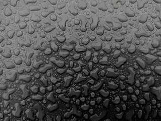 Water drops on metallic grey shiny metal background, wet after rain, template, wallpaper