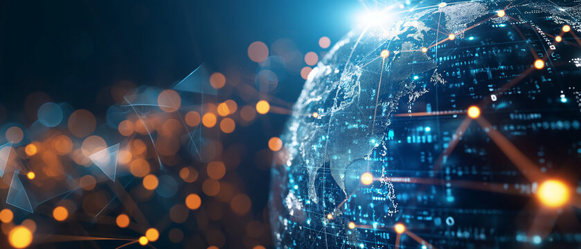 illuminated globe surrounded by digital data streams