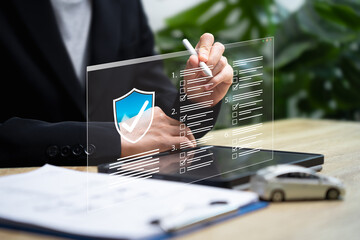 Document online of Insurance example test concept, Businesswoman answer questions of Insurance...