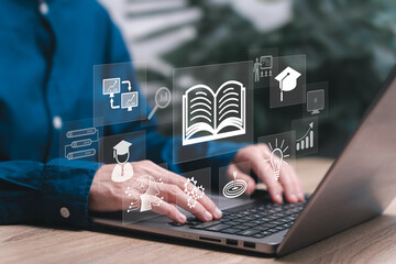 E-learning graduate certificate and business concept, Businesswomen show E-book technology on...