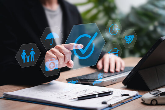 Best standard quality control and assurance protection concept, Business Woman touches on the best quality icon, insurance protection All time 24 hr, Family, Healthcare, financial, Transportation