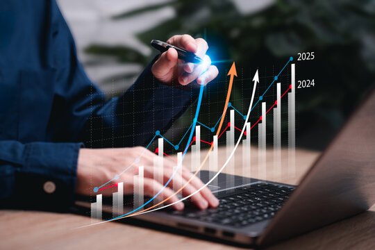 Business 2025 graphs statistics to analyze business potential concepts, Businesswomen use Laptop analytics charts, forecast the future, Marketing targets growth to optimize performance for profit.