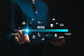 Risk assessment and management concept, Business Woman touch on Low levels of risk management,...