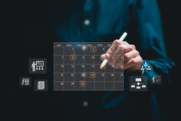 Business Planning Calendar Agenda work schedule concept, Businesswomen use pen marks on virtual screen calendar, Customer meeting plans, Organize schedules, Workflow, Work time management