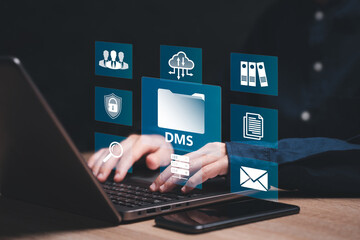 ERP, DMS, Document management concept, Businesswomen use laptop search and manage document database files, Software for data management on Internet and network, Security system document database