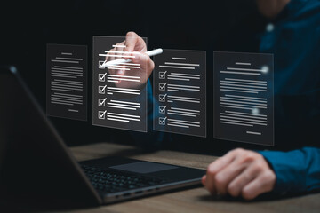 Document checklist, Survey business Efficient document form, Businesswomen tick correct sign mark...