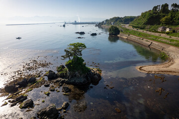 雨晴海岸・女岩と立山連峰（ドローンによる空撮）