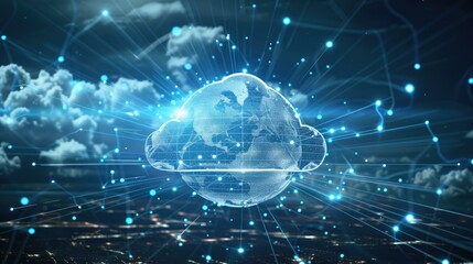 Obraz premium This is an abstract representation of cloud computing, featuring a glowing blue cloud with interconnected lines and points, symbolizing the interconnectivity