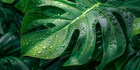 Fototapeta premium Morning Dew Glistening on a Vibrant Tropical Leaf. Concept Nature Photography, Tropical Plants, Morning Light, Dewy Leaves