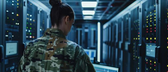 Soldier in uniform stands in a high-tech server room, focused on a screen surrounded by glowing servers.