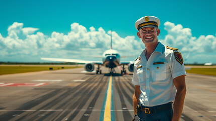the pilot stands smiling, on a long runway, a large plane can be seen in the background, Ai generated Images