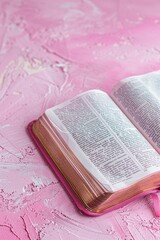Fototapeta premium A person reads from an open book placed on a bright pink table