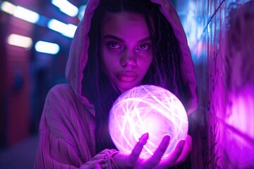 A woman holds a radiant sphere in her hands