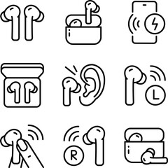 Wireless earbud outline icons set. Vector line icon for web design isolated on white background.