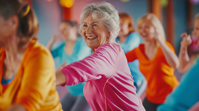 Group of senior happy smiling athletes ladies doing aerobics relaxation exercise while dancing in a sports club. Synchronous physical exercising, woman fitness concept.