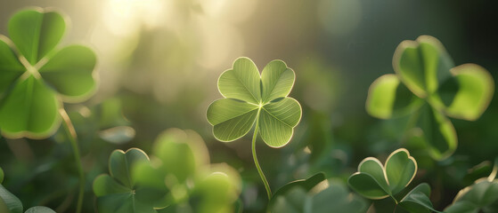 A close-up of sunlit clovers in a lush field, shining brightly and symbolizing luck and tranquility on a serene morning.