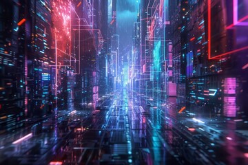 A futuristic cityscape surrounded by neon elements