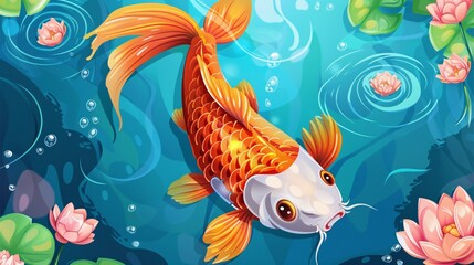 Fototapeta premium Koi Fish Swimming in a Pond with Water Lilies